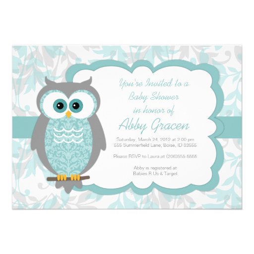 Owl Baby Shower Invitations, Aqua, Gray - 930 (front side)