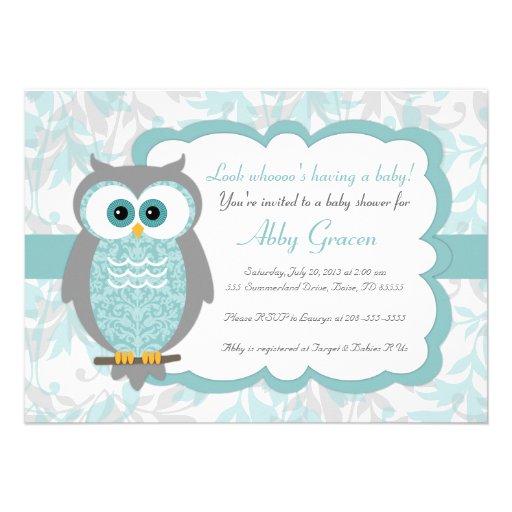 Owl Baby Shower Invitations, Aqua, Gray - 930