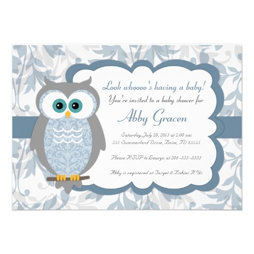 Owl Baby Shower Invitations, Blue, Gray - 830 (front side)