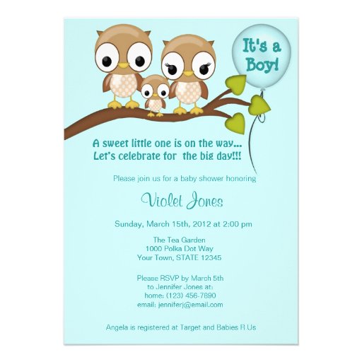 Owl Baby Shower Invitations Boy Mommy Daddy (front side)