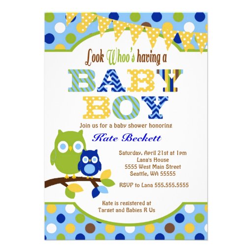 Owl Baby Shower Invitations for Baby Boy (front side)