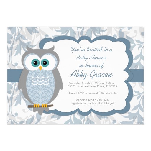 Owl Baby Shower Invitations for Boys, Blue - 830 (front side)