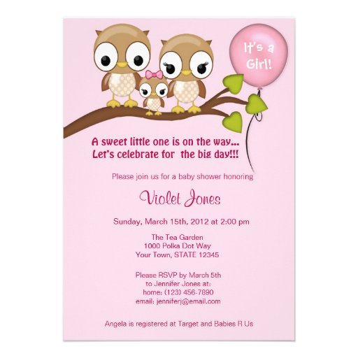 Owl Baby Shower Invitations Girl Mommy Daddy (front side)