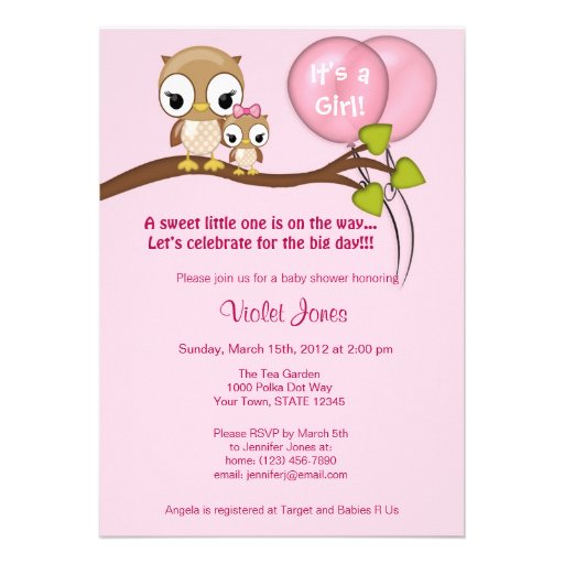 Owl Baby Shower Invitations Girl Mommy pink (front side)