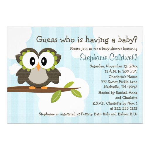 Owl Baby Shower Invitations Invites Blue (front side)