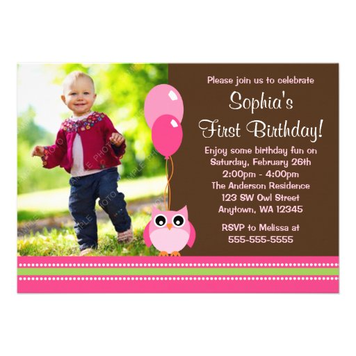 Owl Balloons Brown Pink Photo Birthday Custom Invitation (front side)