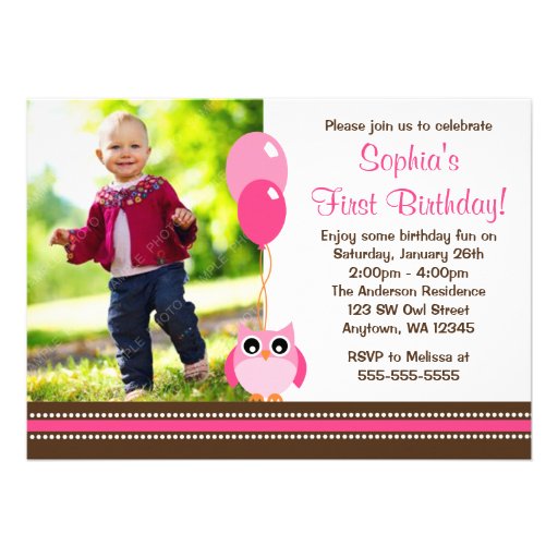 Owl Balloons Pink Brown Photo Birthday Invitations