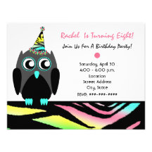 Owl Birthday Party Invite Neon Zebra Print