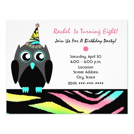 Owl Birthday Party Invite Neon Zebra Print