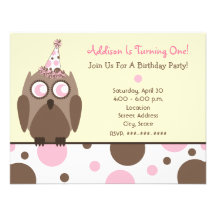 Owl Birthday Party Invite Pink & Brown Polka Dots