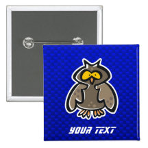 Owl; Blue Pinback Buttons