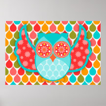 Owl Boheme Red & Teal Art Poster