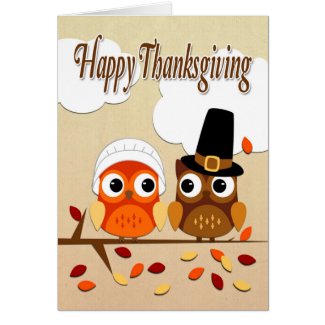 Owl Couple Dressed as Pilgrims for Thanksgiving Greeting Card