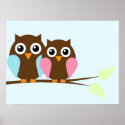 Owl couple on a branch posters