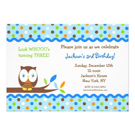 Owl Custom Birthday Party Invitations Boy