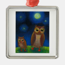 Owl dance lesson full moon night cute unique art christmas tree ornament
