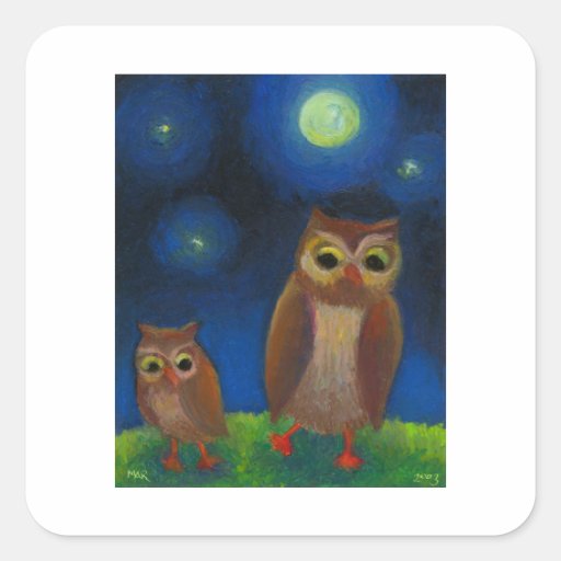 Owl dance lesson full moon night cute unique art square stickers