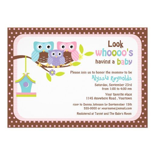 Owl Family on Branch with Bird House Baby Shower I Announcement