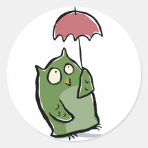 owl in the rain round stickers