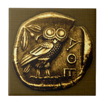Owl on ancient greek coin ceramic tile