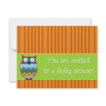 Owl on orange stripes baby shower invitation