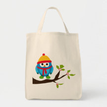 Owl Owls Bird Birds Blue Hat Scarf Snow Cute Tree Tote Bag