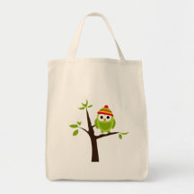 Owl Owls Bird Green Hat Snow Cute Tree Cartoon Bag