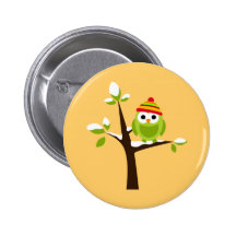Owl Owls Bird Green Hat Snow Cute Tree Cartoon Buttons