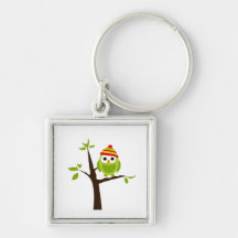 Owl Owls Bird Green Hat Snow Cute Tree Cartoon Key Chain