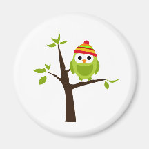 Owl Owls Bird Green Hat Snow Cute Tree Cartoon Magnets