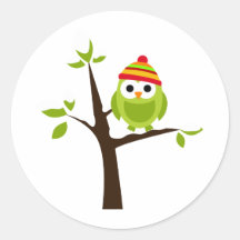 Owl Owls Bird Green Hat Snow Cute Tree Cartoon Sticker