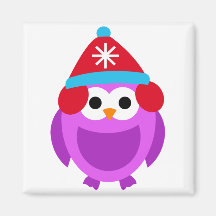 Owl Owls Bird Purple Winter Red Hat Cute Cartoon Fridge Magnet