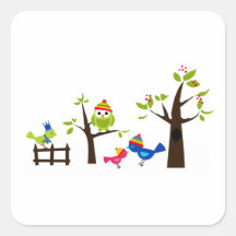 Owl Owls Birds Winter Snow Cute Tree Cartoon Square Sticker