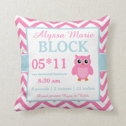 Owl Pink Blue Baby Announcement Pillow
