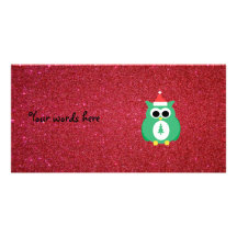 Owl santa green with red glitter personalized photo card