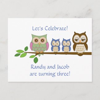  Birthday Party on Owl Twins Birthday Party Invite Post Card At Zazzle Ca