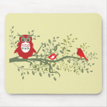 Owl ~ Wise Red Owl Sitting with Two Songbirds Mouse Pad