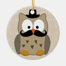 Owl with Mustache and Hat Christmas Ornaments