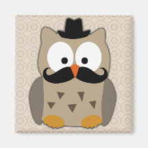 Owl with Mustache and Hat Fridge Magnets