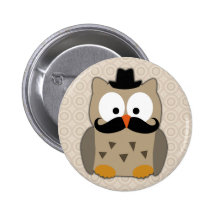 Owl with Mustache and Hat Pinback Button