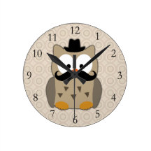 Owl with Mustache and Hat Round Wall Clocks