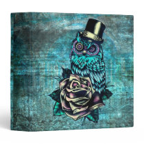 Owl with top hat with rose in teal binder. binders