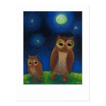 Owls dancing night fun unique full moon owl art post cards