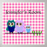 Owls Family in Pink Vichy Poster
