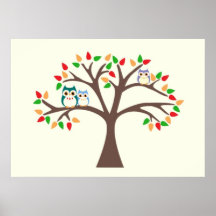 Owls in an All-season Tree Posters