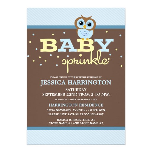 Owly Blue Baby Sprinkle Invitations (front side)