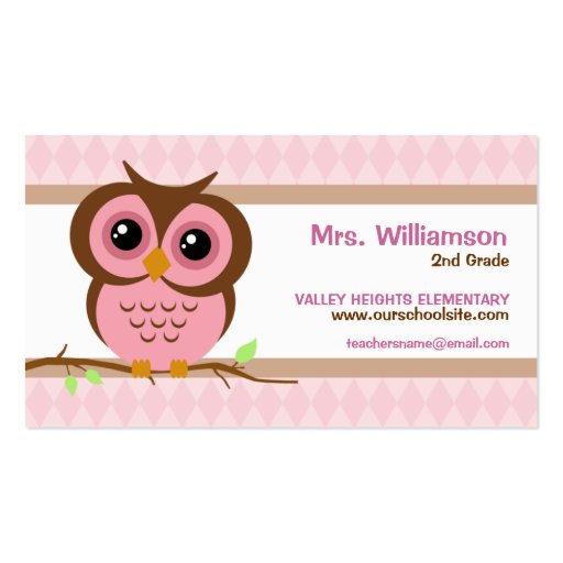 Owly Pink Teacher Business Cards (front side)
