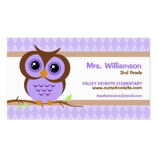 Owly Purple Teacher Business Cards (front side)