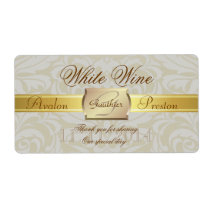 Oyster Damask Gold Monogram Wedding Wine Label