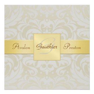 Oyster Damask Monogram Gold Ribbon Invitation